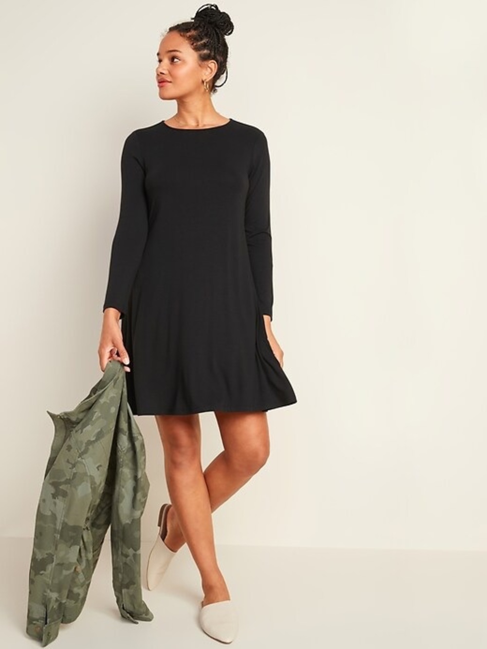 Old Navy NWT Jersey Swing Dress Womens Extra Small XS Black Long Sleeve Mini